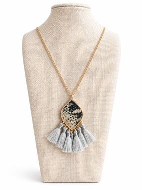 Clover Gold Tone Snakeskin Tassel Necklace Boho Statement Animal Print